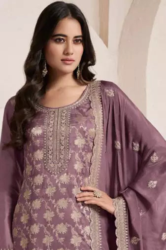 Onion pink silk jacquard embroidered salwar suit