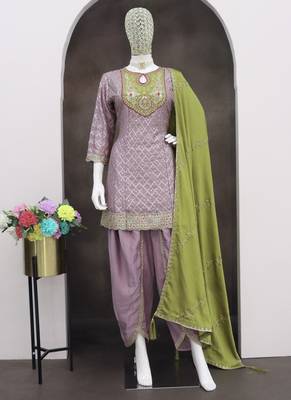Lavender chinon silk embroidered designer dhoti suit 2
