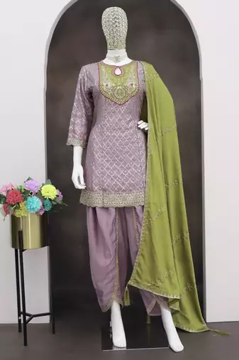 Lavender chinon silk embroidered designer dhoti suit