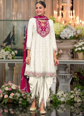 Off white chinon silk embroidered designer dhoti suit 1