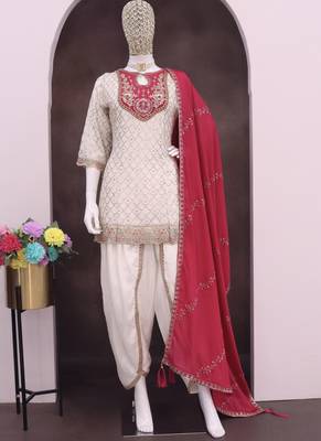 Off white chinon silk embroidered designer dhoti suit 2