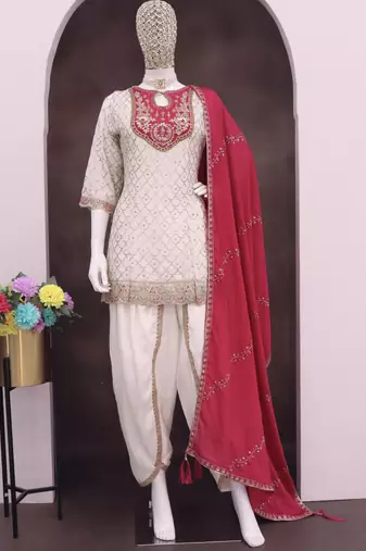 Off white chinon silk embroidered designer dhoti suit