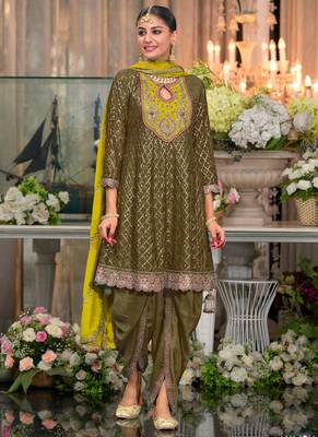 Dark mahendi chinon silk embroidered designer dhoti suit 1