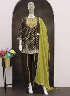 Dark mahendi chinon silk embroidered designer dhoti suit 2