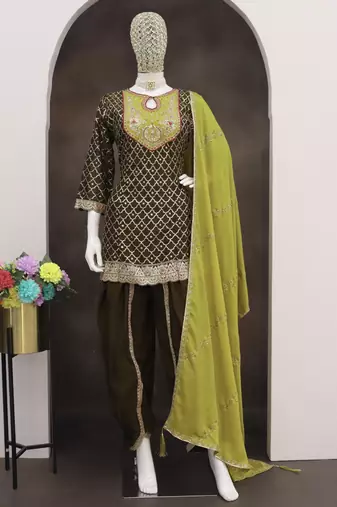 Dark mahendi chinon silk embroidered designer dhoti suit