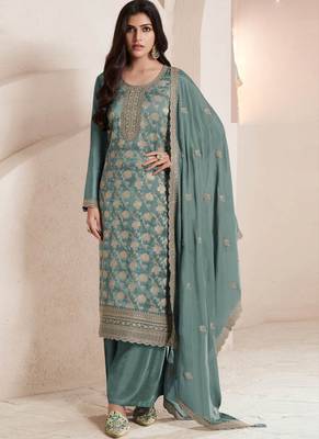 Aqua green silk jacquard embroidered salwar suit 1