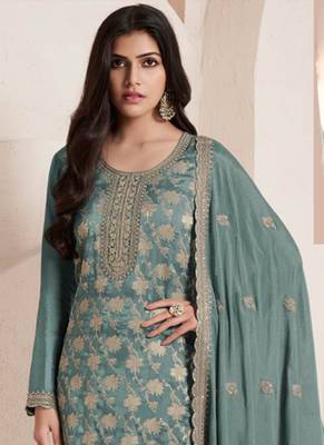Aqua green silk jacquard embroidered salwar suit 2