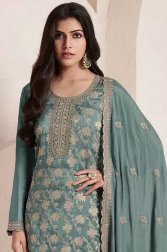 Aqua green silk jacquard embroidered salwar suit