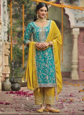 Sky Blue Chinon Silk Embroidered Punjabi Salwar Suit 1