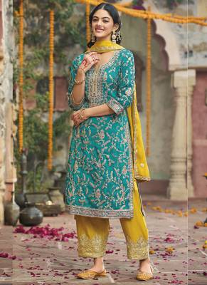 Sky Blue Chinon Silk Embroidered Punjabi Salwar Suit 2