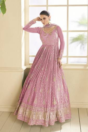 Pink embroidery zari sequence work silk jacquard anarkali suits