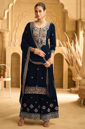 navy blue velvet straight suit for women wedding wear