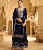 navy blue velvet straight suit for women wedding wear