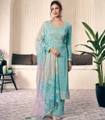 sky blue monga silk straight suit for women