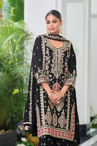 Black heavy chinon with embroidery ready made sharara suit (free size)