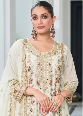 Off white heavy chinon with embroidery ready made sharara suit (free size) 2