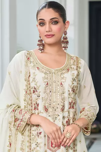 Off white heavy chinon with embroidery ready made sharara suit (free size)