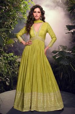 Lime viscose simar jacquard stiched hand made khatli anarkali gown (free size) 1