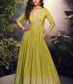 Lime viscose simar jacquard stiched hand made khatli work anarkali gown (free size)