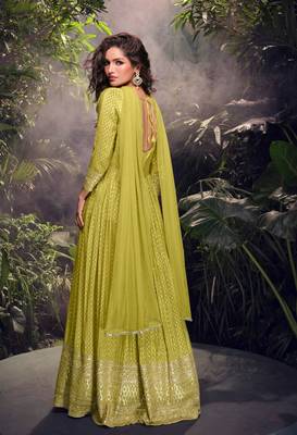 Lime viscose simar jacquard stiched hand made khatli anarkali gown (free size) 2