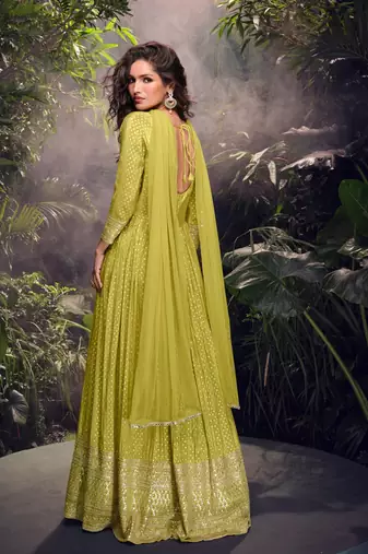 Lime viscose simar jacquard stiched hand made khatli anarkali gown (free size)