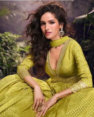 Lime viscose simar jacquard stiched hand made khatli anarkali gown (free size) 3