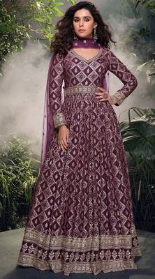 Wine viscose simar jacquard stiched hand made khatli anarkali gown (free size) 1
