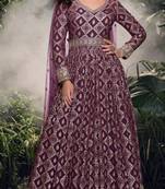 Wine viscose simar jacquard stiched hand made khatli work anarkali gown (free size)