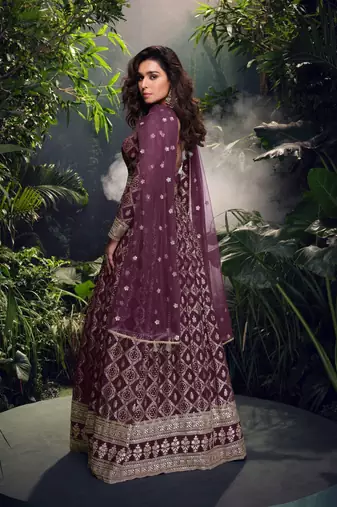 Wine viscose simar jacquard stiched hand made khatli anarkali gown (free size)