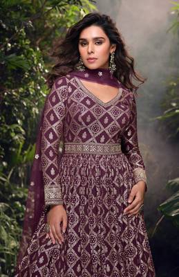 Wine viscose simar jacquard stiched hand made khatli anarkali gown (free size) 3