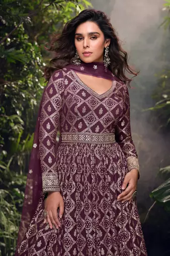 Wine viscose simar jacquard stiched hand made khatli anarkali gown (free size)