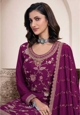 Wine heavy chinon with embroidery sharara suit (bottom stitched) 2