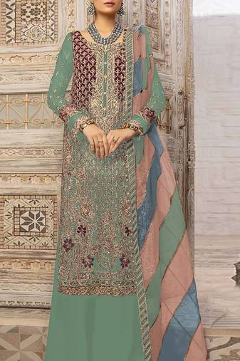 Sea green heavy fox georgette embroidery plazzo suit