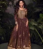 Coppar viscose simar jacquard stiched hand made khatli work anarkali gown (free size)