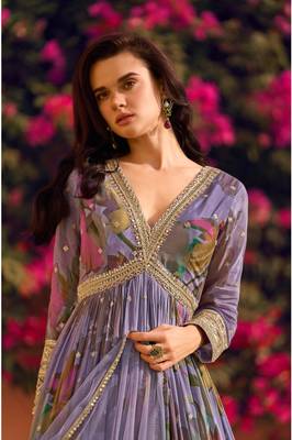 Purple heavy chinon with embroidery stitched gown (free size) 2