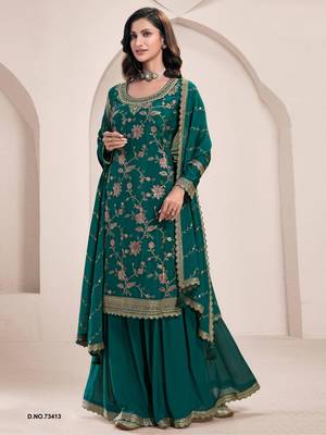 Green heavy chinon with embroidery sharara suit (bottom stitched) 1