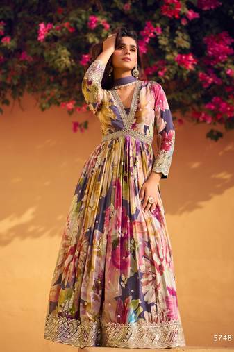 Multi heavy chinon with embroidery stitched gown (free size)