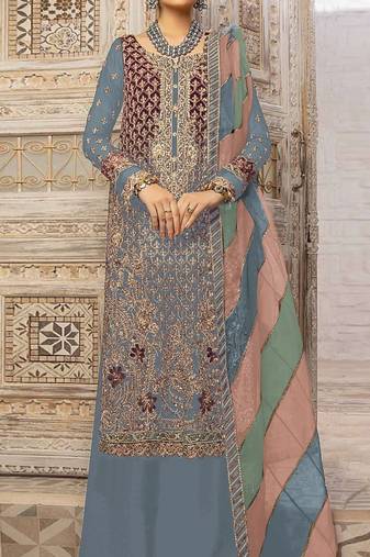 Light blue heavy fox georgette embroidery plazzo suit