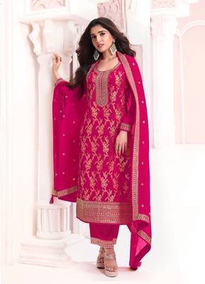 Pink viscose maslin jacquard with embroidery fancy coding salwar suit 1