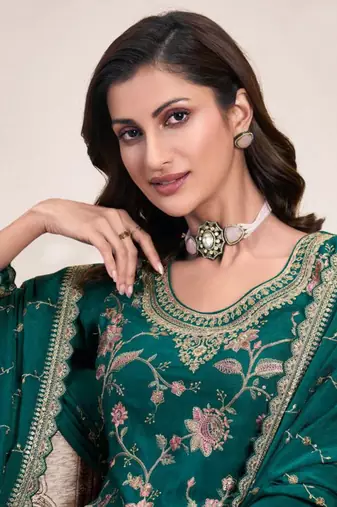 Green heavy chinon with embroidery sharara suit (bottom stitched)