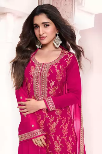 Pink viscose maslin jacquard with embroidery fancy coding salwar suit