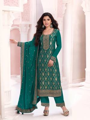 Green viscose maslin jacquard with embroidery fancy coding sequin salwar suit 1