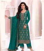 Green viscose maslin jacquard with embroidery fancy coding sequence work salwar suit