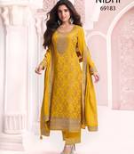 Yellow viscose maslin jacquard with embroidery fancy coding sequence work salwar suit