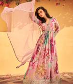 Pink heavy chinon with embroidery stitched gown (free size)