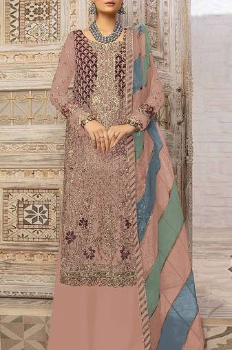 Peach heavy fox georgette embroidery plazzo suit