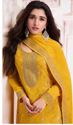 Yellow viscose maslin jacquard with embroidery fancy coding sequin salwar suit 2