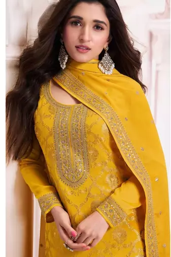 Yellow viscose maslin jacquard with embroidery fancy coding sequin salwar suit