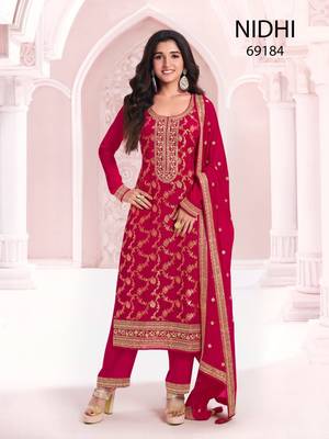 Red viscose maslin jacquard with embroidery fancy coding sequin salwar suit 1