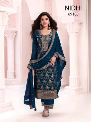 Blue viscose maslin jacquard with embroidery fancy coding sequin salwar suit 1